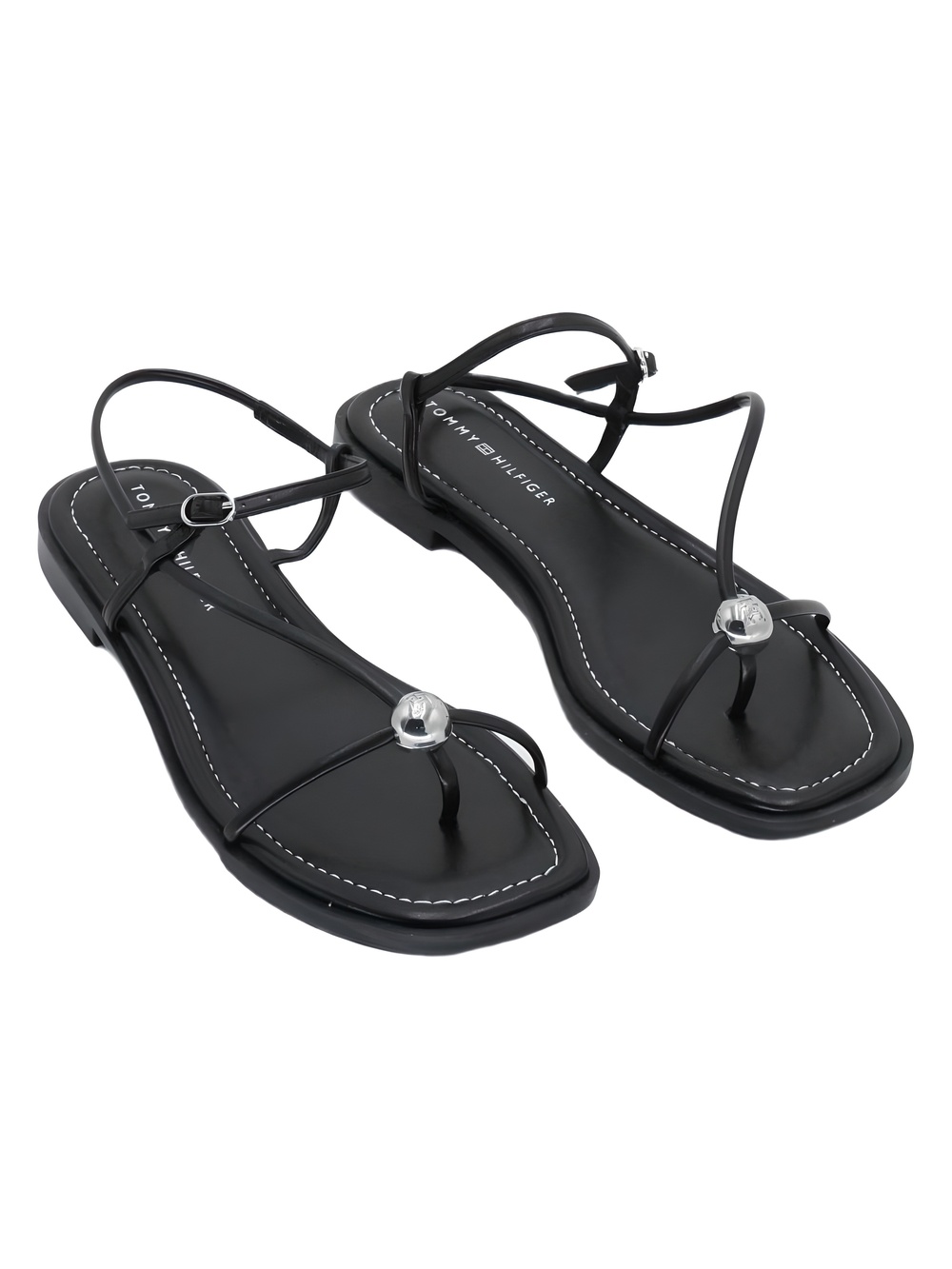Tommy Hilfiger Womens Taras Black Thong Sandals Silver Ball Ornament Size 8M